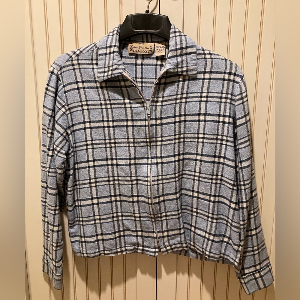 New Direction Lt. Blue Plaid Zip-Up Flannel Shirt - SMALL
